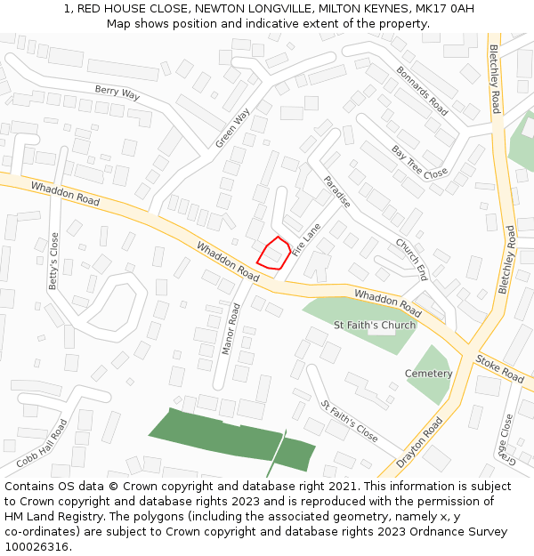 1, RED HOUSE CLOSE, NEWTON LONGVILLE, MILTON KEYNES, MK17 0AH: Location map and indicative extent of plot