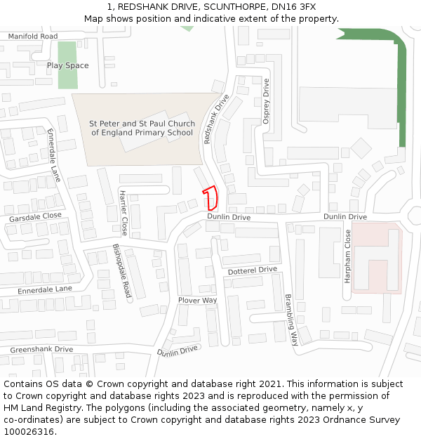 1, REDSHANK DRIVE, SCUNTHORPE, DN16 3FX: Location map and indicative extent of plot