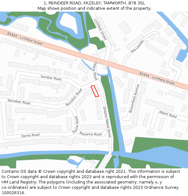 1, REINDEER ROAD, FAZELEY, TAMWORTH, B78 3SL: Location map and indicative extent of plot