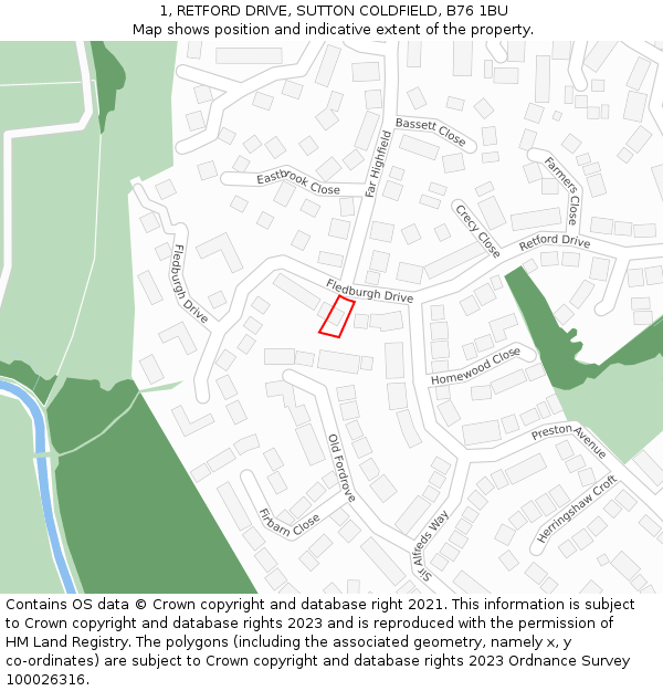 1, RETFORD DRIVE, SUTTON COLDFIELD, B76 1BU: Location map and indicative extent of plot
