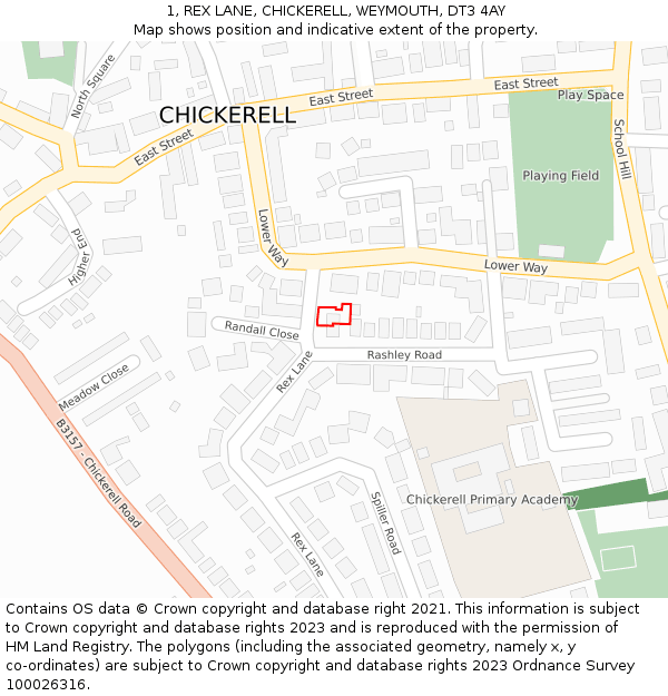 1, REX LANE, CHICKERELL, WEYMOUTH, DT3 4AY: Location map and indicative extent of plot