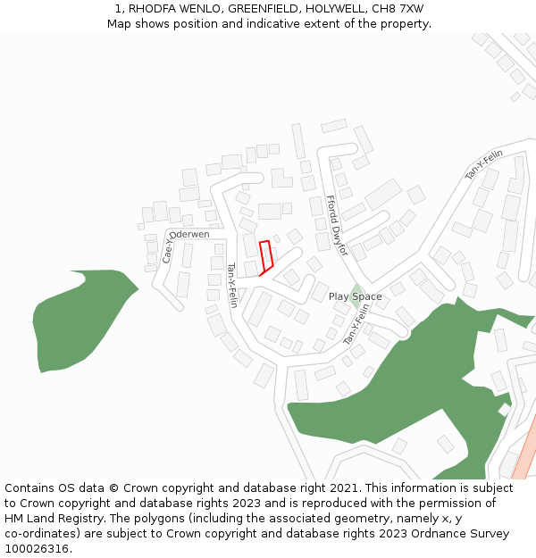 1, RHODFA WENLO, GREENFIELD, HOLYWELL, CH8 7XW: Location map and indicative extent of plot