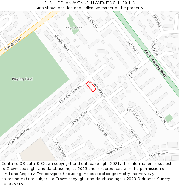 1, RHUDDLAN AVENUE, LLANDUDNO, LL30 1LN: Location map and indicative extent of plot