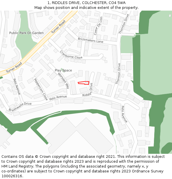 1, RIDDLES DRIVE, COLCHESTER, CO4 5WA: Location map and indicative extent of plot