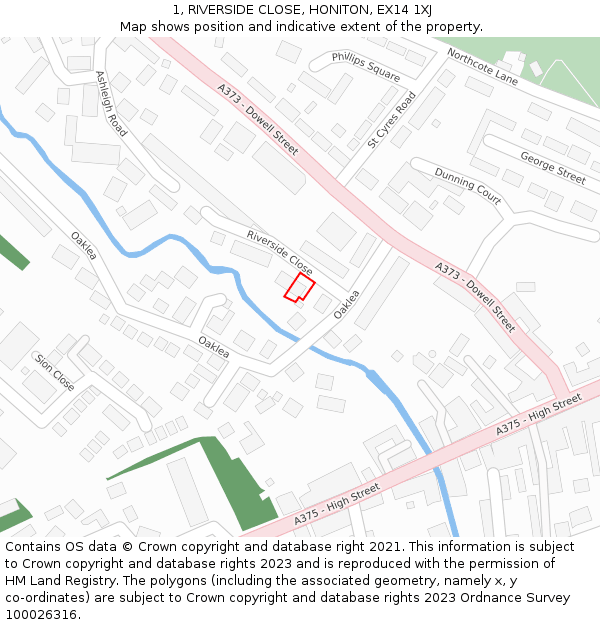 1, RIVERSIDE CLOSE, HONITON, EX14 1XJ: Location map and indicative extent of plot