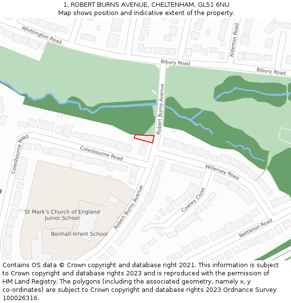 1, ROBERT BURNS AVENUE, CHELTENHAM, GL51 6NU: Location map and indicative extent of plot