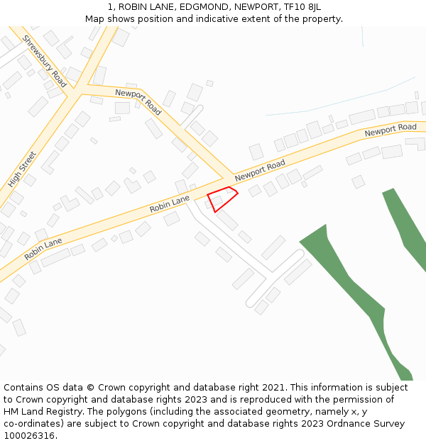 1, ROBIN LANE, EDGMOND, NEWPORT, TF10 8JL: Location map and indicative extent of plot