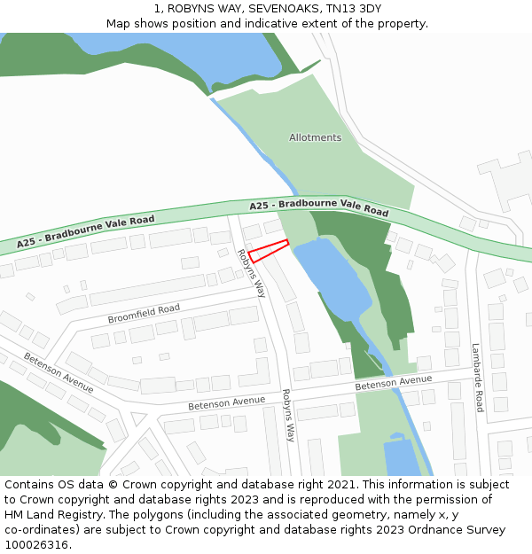 1, ROBYNS WAY, SEVENOAKS, TN13 3DY: Location map and indicative extent of plot
