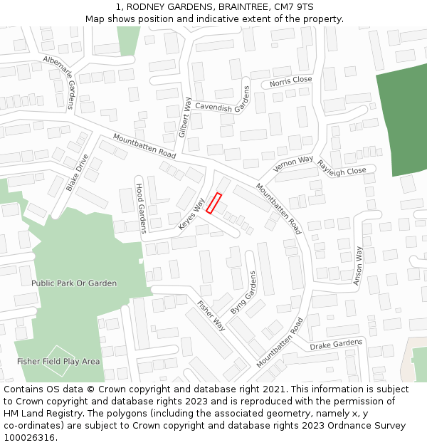 1, RODNEY GARDENS, BRAINTREE, CM7 9TS: Location map and indicative extent of plot