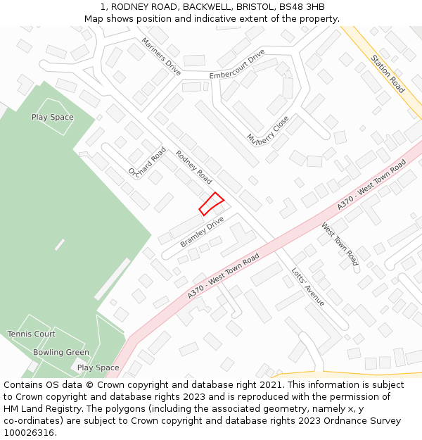 1, RODNEY ROAD, BACKWELL, BRISTOL, BS48 3HB: Location map and indicative extent of plot