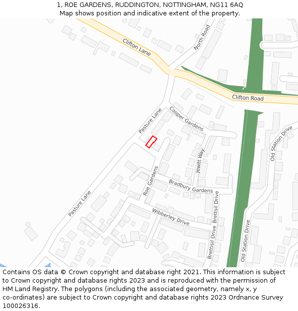 1, ROE GARDENS, RUDDINGTON, NOTTINGHAM, NG11 6AQ: Location map and indicative extent of plot