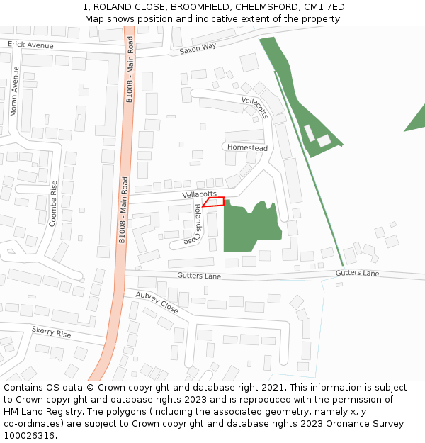 1, ROLAND CLOSE, BROOMFIELD, CHELMSFORD, CM1 7ED: Location map and indicative extent of plot