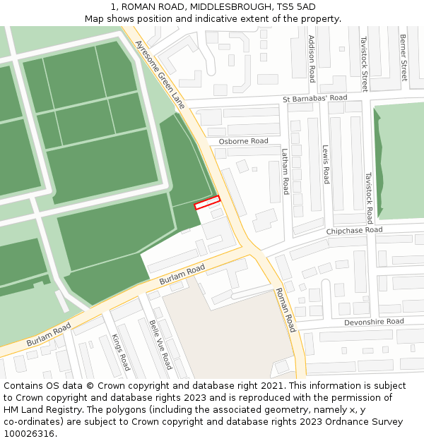 1, ROMAN ROAD, MIDDLESBROUGH, TS5 5AD: Location map and indicative extent of plot