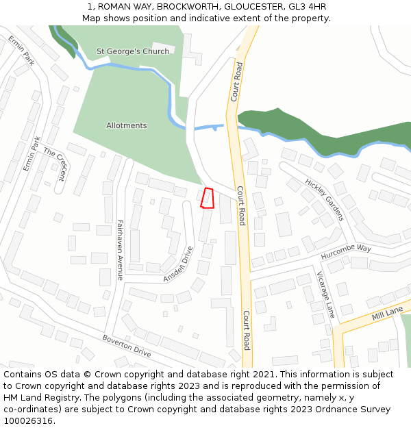 1, ROMAN WAY, BROCKWORTH, GLOUCESTER, GL3 4HR: Location map and indicative extent of plot