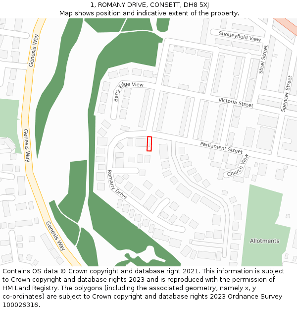 1, ROMANY DRIVE, CONSETT, DH8 5XJ: Location map and indicative extent of plot