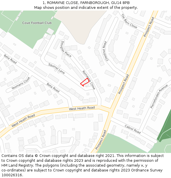 1, ROMAYNE CLOSE, FARNBOROUGH, GU14 8PB: Location map and indicative extent of plot