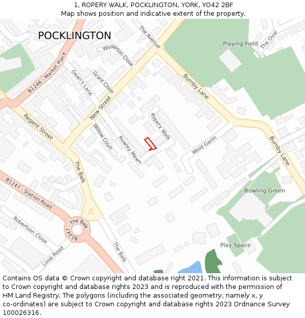 1, ROPERY WALK, POCKLINGTON, YORK, YO42 2BF: Location map and indicative extent of plot