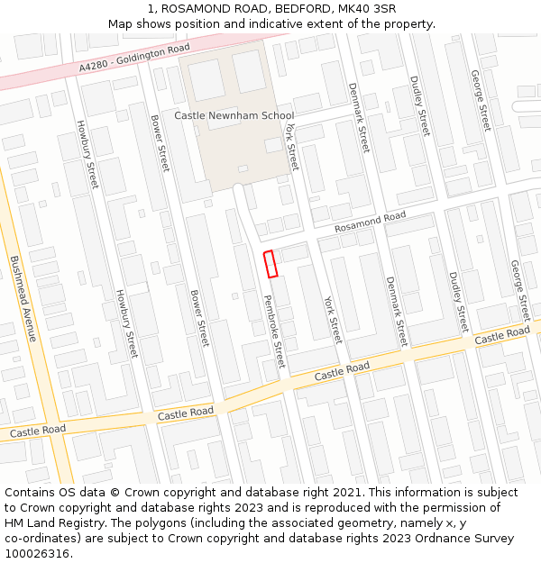 1, ROSAMOND ROAD, BEDFORD, MK40 3SR: Location map and indicative extent of plot