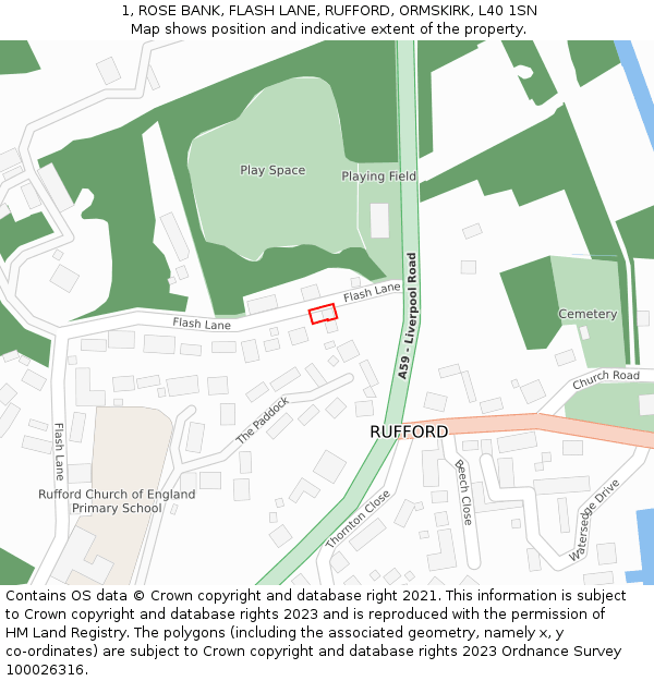 1, ROSE BANK, FLASH LANE, RUFFORD, ORMSKIRK, L40 1SN: Location map and indicative extent of plot