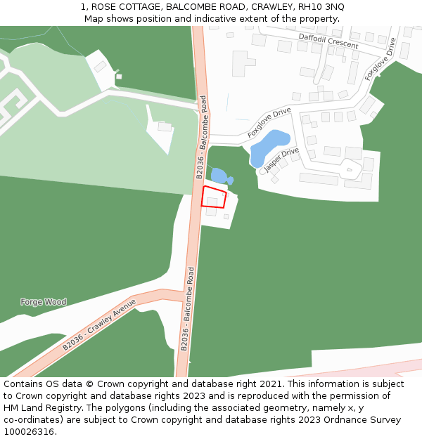 1, ROSE COTTAGE, BALCOMBE ROAD, CRAWLEY, RH10 3NQ: Location map and indicative extent of plot