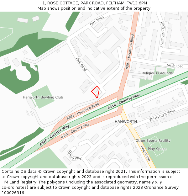 1, ROSE COTTAGE, PARK ROAD, FELTHAM, TW13 6PN: Location map and indicative extent of plot