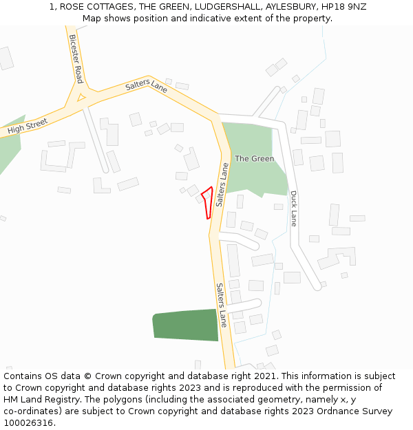 1, ROSE COTTAGES, THE GREEN, LUDGERSHALL, AYLESBURY, HP18 9NZ: Location map and indicative extent of plot