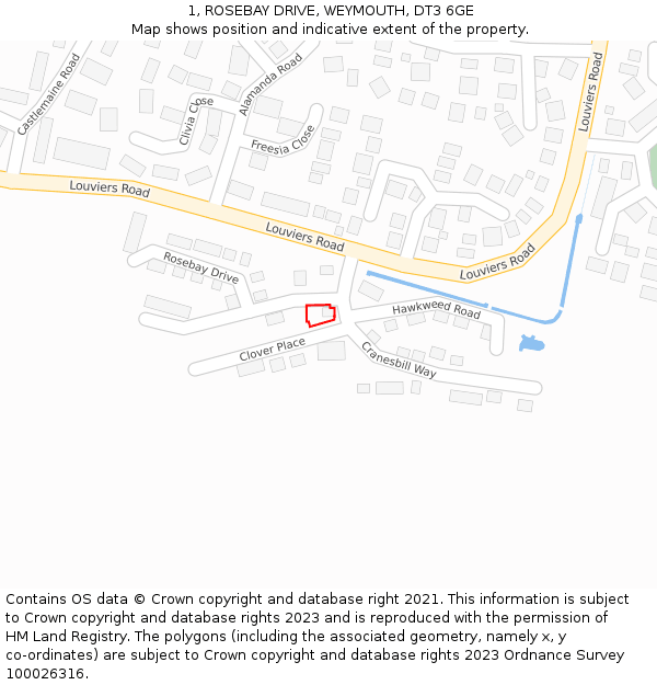 1, ROSEBAY DRIVE, WEYMOUTH, DT3 6GE: Location map and indicative extent of plot