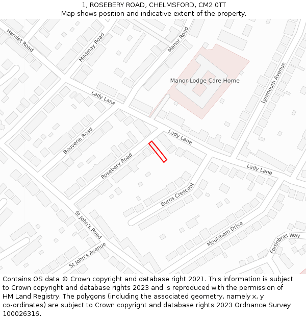 1, ROSEBERY ROAD, CHELMSFORD, CM2 0TT: Location map and indicative extent of plot