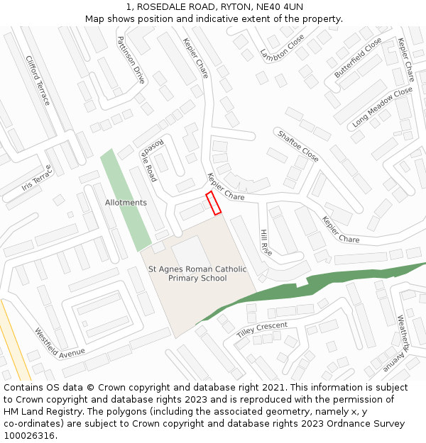 1, ROSEDALE ROAD, RYTON, NE40 4UN: Location map and indicative extent of plot