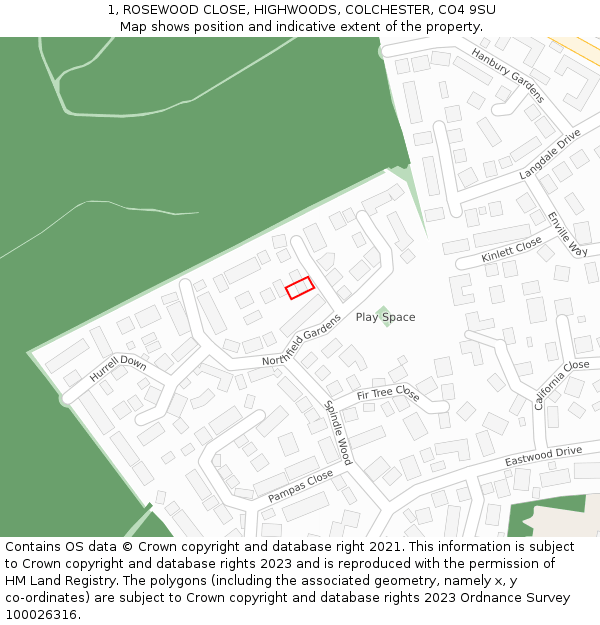 1, ROSEWOOD CLOSE, HIGHWOODS, COLCHESTER, CO4 9SU: Location map and indicative extent of plot