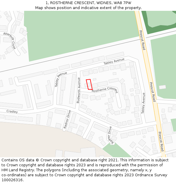 1, ROSTHERNE CRESCENT, WIDNES, WA8 7PW: Location map and indicative extent of plot