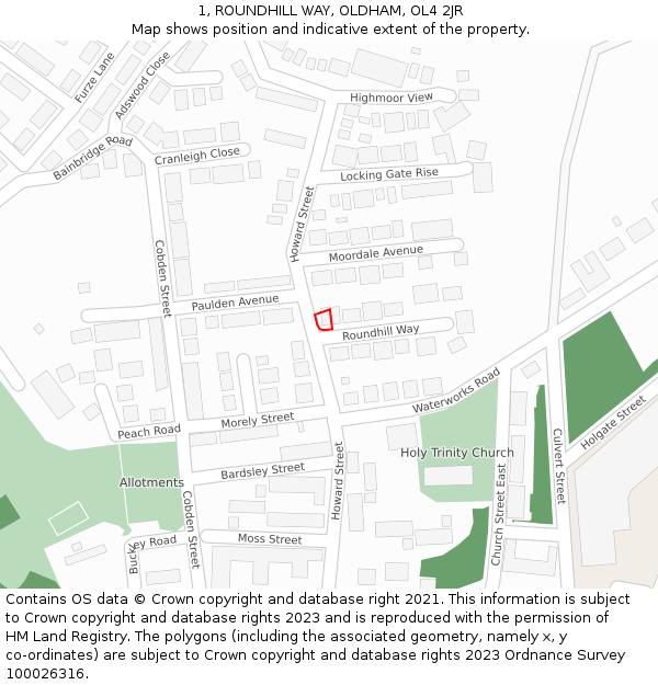 1, ROUNDHILL WAY, OLDHAM, OL4 2JR: Location map and indicative extent of plot