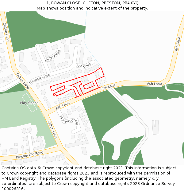 1, ROWAN CLOSE, CLIFTON, PRESTON, PR4 0YQ: Location map and indicative extent of plot