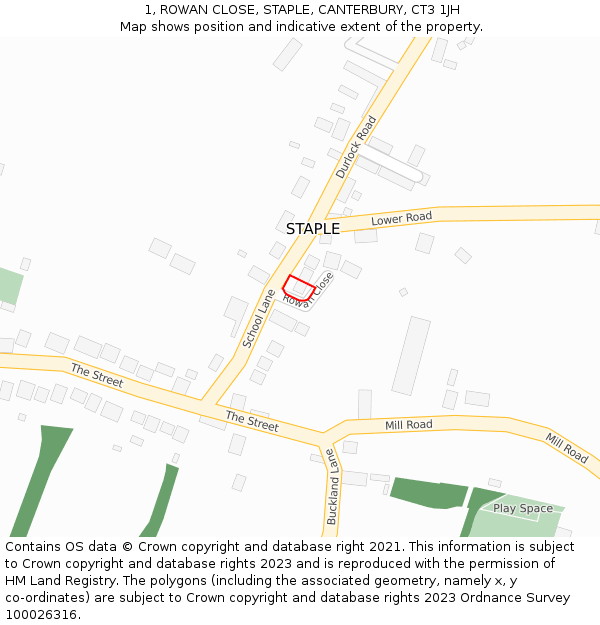 1, ROWAN CLOSE, STAPLE, CANTERBURY, CT3 1JH: Location map and indicative extent of plot