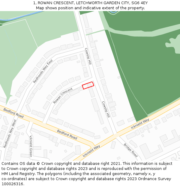 1, ROWAN CRESCENT, LETCHWORTH GARDEN CITY, SG6 4EY: Location map and indicative extent of plot