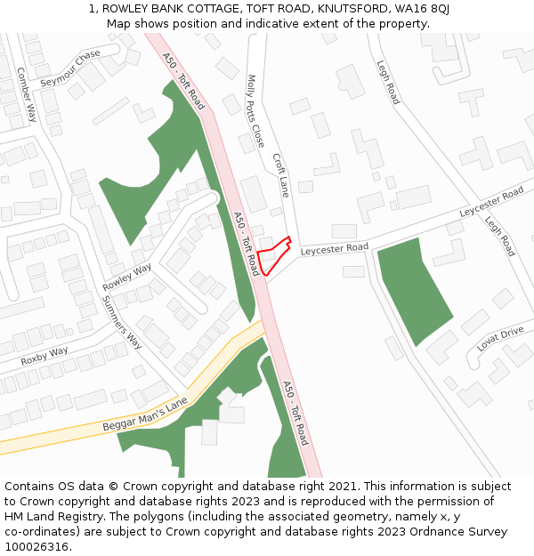 1, ROWLEY BANK COTTAGE, TOFT ROAD, KNUTSFORD, WA16 8QJ: Location map and indicative extent of plot