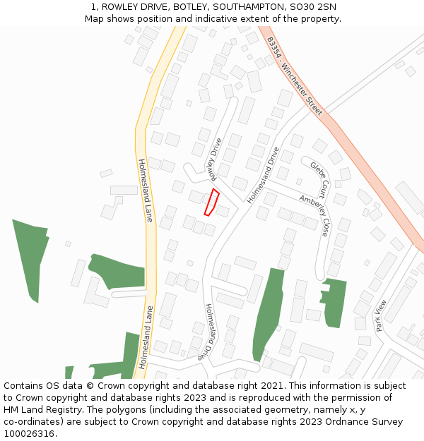 1, ROWLEY DRIVE, BOTLEY, SOUTHAMPTON, SO30 2SN: Location map and indicative extent of plot