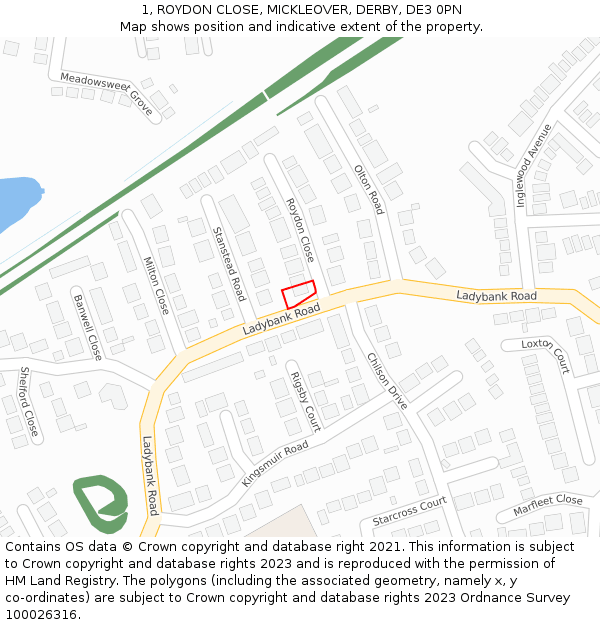1, ROYDON CLOSE, MICKLEOVER, DERBY, DE3 0PN: Location map and indicative extent of plot