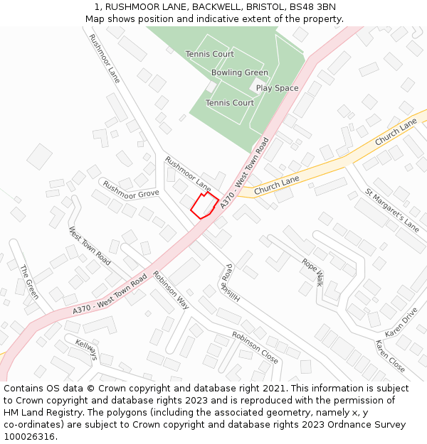 1, RUSHMOOR LANE, BACKWELL, BRISTOL, BS48 3BN: Location map and indicative extent of plot