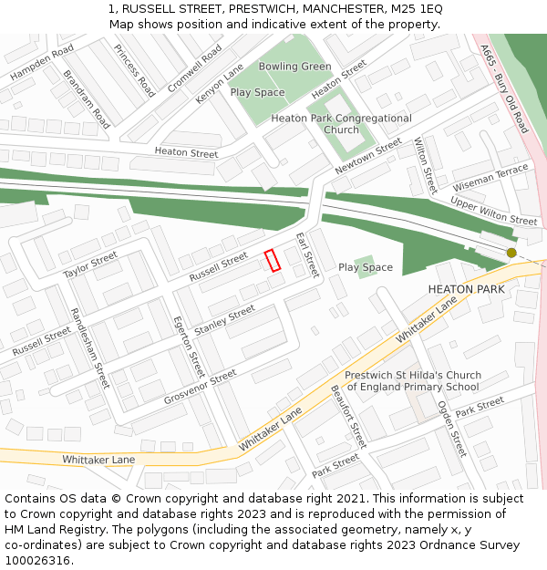 1, RUSSELL STREET, PRESTWICH, MANCHESTER, M25 1EQ: Location map and indicative extent of plot