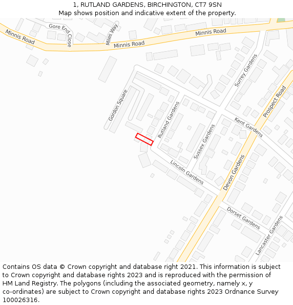 1, RUTLAND GARDENS, BIRCHINGTON, CT7 9SN: Location map and indicative extent of plot