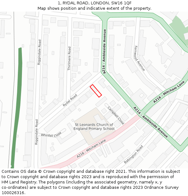 1, RYDAL ROAD, LONDON, SW16 1QF: Location map and indicative extent of plot