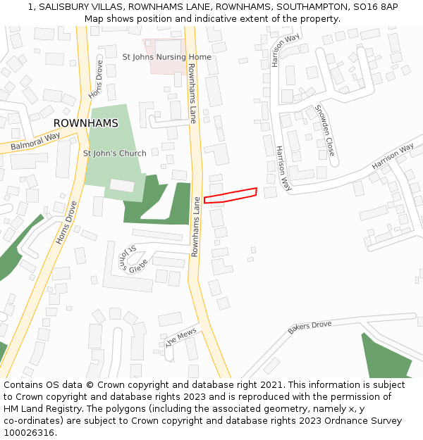 1, SALISBURY VILLAS, ROWNHAMS LANE, ROWNHAMS, SOUTHAMPTON, SO16 8AP: Location map and indicative extent of plot