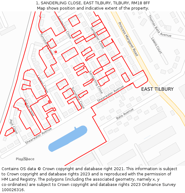 1, SANDERLING CLOSE, EAST TILBURY, TILBURY, RM18 8FF: Location map and indicative extent of plot