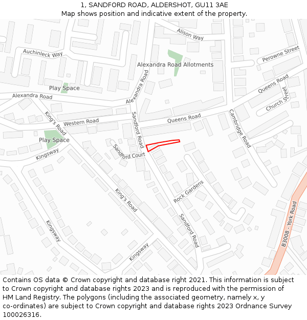 1, SANDFORD ROAD, ALDERSHOT, GU11 3AE: Location map and indicative extent of plot