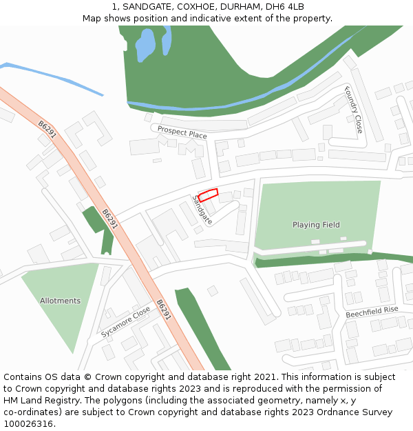 1, SANDGATE, COXHOE, DURHAM, DH6 4LB: Location map and indicative extent of plot