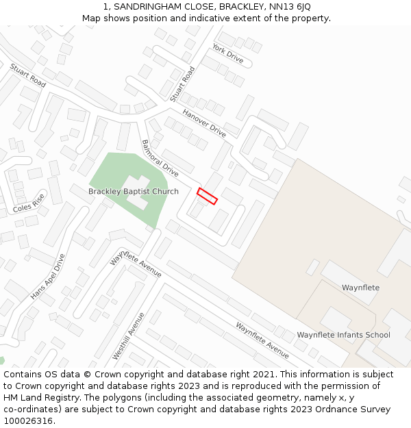 1, SANDRINGHAM CLOSE, BRACKLEY, NN13 6JQ: Location map and indicative extent of plot