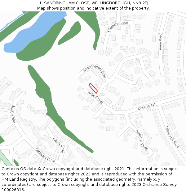 1, SANDRINGHAM CLOSE, WELLINGBOROUGH, NN8 2EJ: Location map and indicative extent of plot