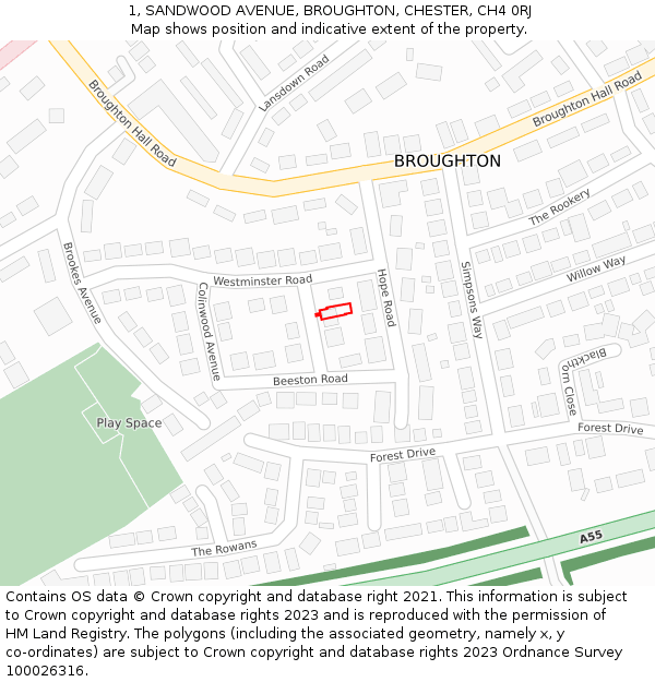 1, SANDWOOD AVENUE, BROUGHTON, CHESTER, CH4 0RJ: Location map and indicative extent of plot