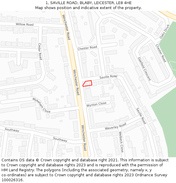 1, SAVILLE ROAD, BLABY, LEICESTER, LE8 4HE: Location map and indicative extent of plot